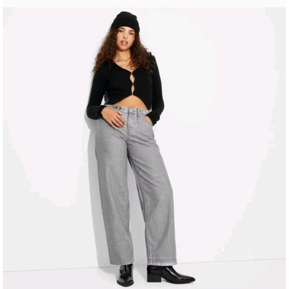 Wild Fable NWT 8 High Rise Wide Leg Glitter Jeans Gray Silver Sparkle Party‎ Fun